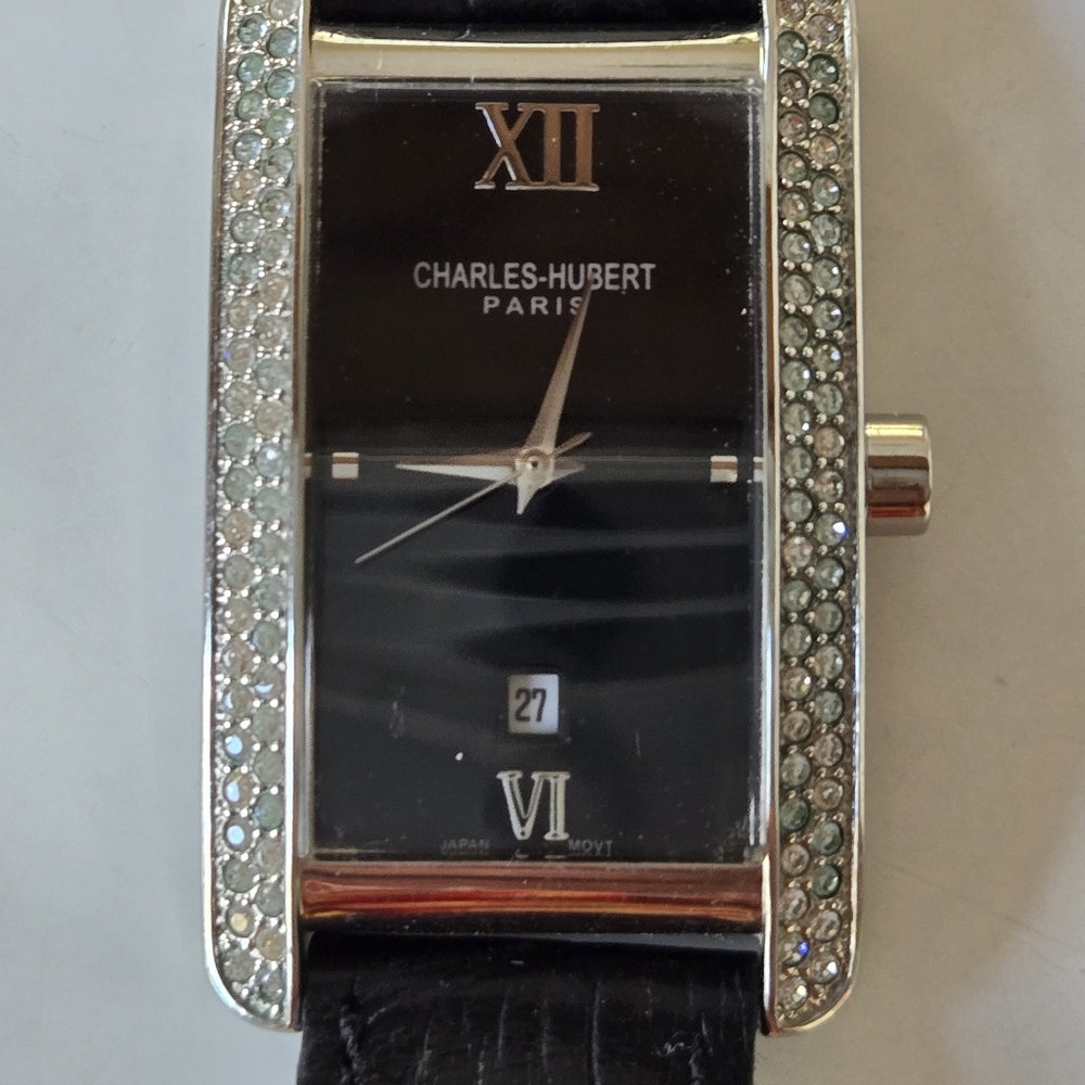 Charles Hubert Paris Ladies Rectangular Black Leather Band Watch
